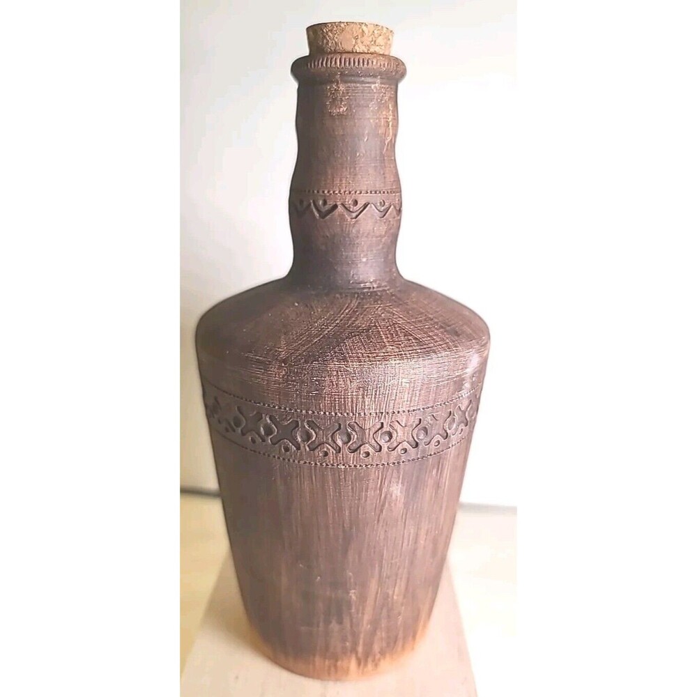 Vintage Pottery Bottle Jug Decorative  Handpainted Terracotta Signed Trademark